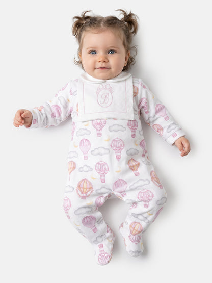 Velour Baby Grow with Embroidered Letter "B" Hot Air Balloon Collection - Baby Pink