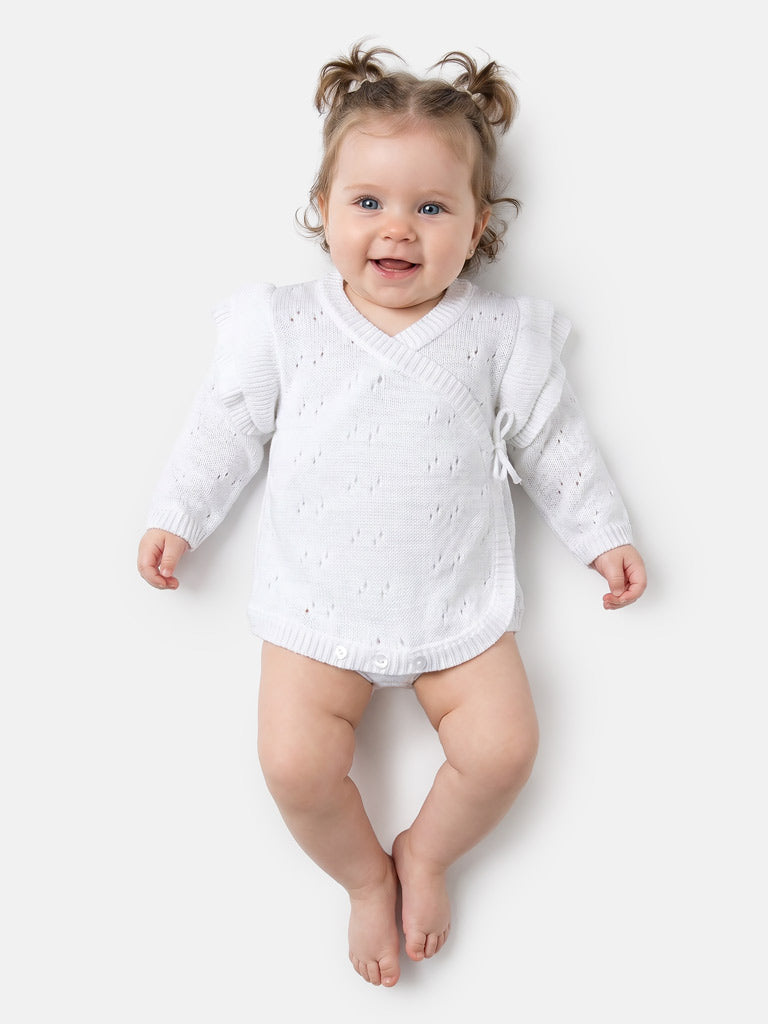 Baby Girl Knitted Romper Wrap Style with Ruffled Sleeves - White