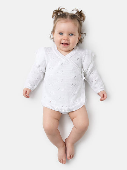 Baby Girl Knitted Romper Wrap Style with Ruffled Sleeves - White