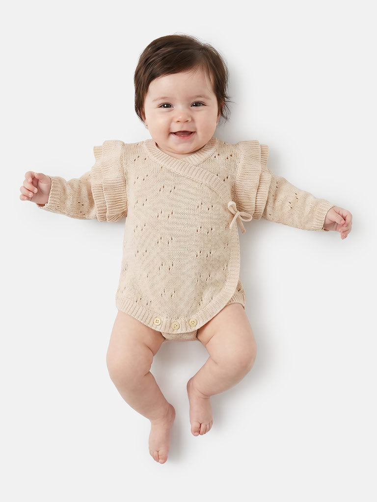 Baby Girl Knitted Romper Wrap Style with Ruffled Sleeves - Beige