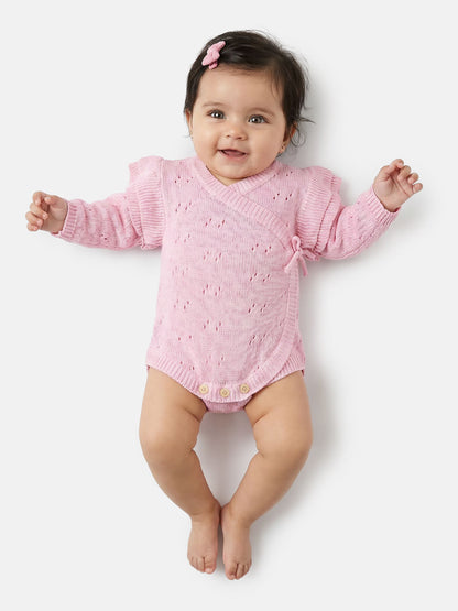 Baby Girl Knitted Romper Wrap Style with Ruffled Sleeves - Baby Pink