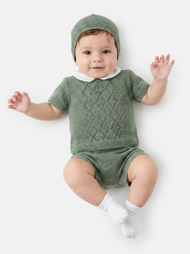 Baby Boy Diamond Eyelet Knit 3-Piece Gift Box Set - Sage Green