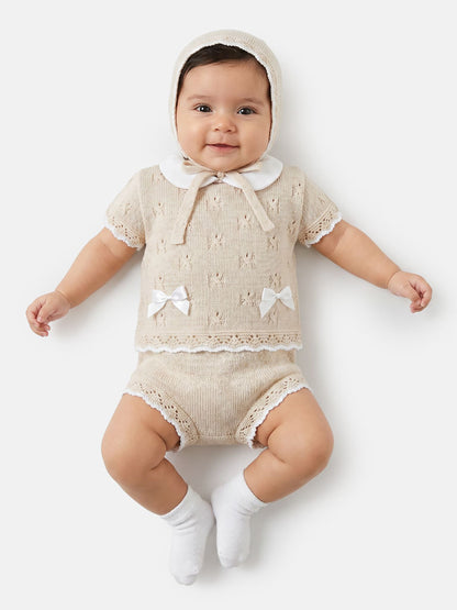 Baby Girl Delicate Eyelet Knit 3-Piece Gift Box Set - Beige