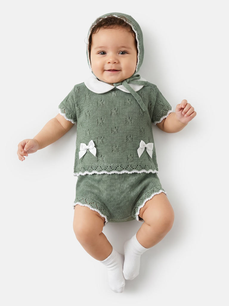 Baby Girl Delicate Eyelet Knit 3-Piece Gift Box Set - Sage Green