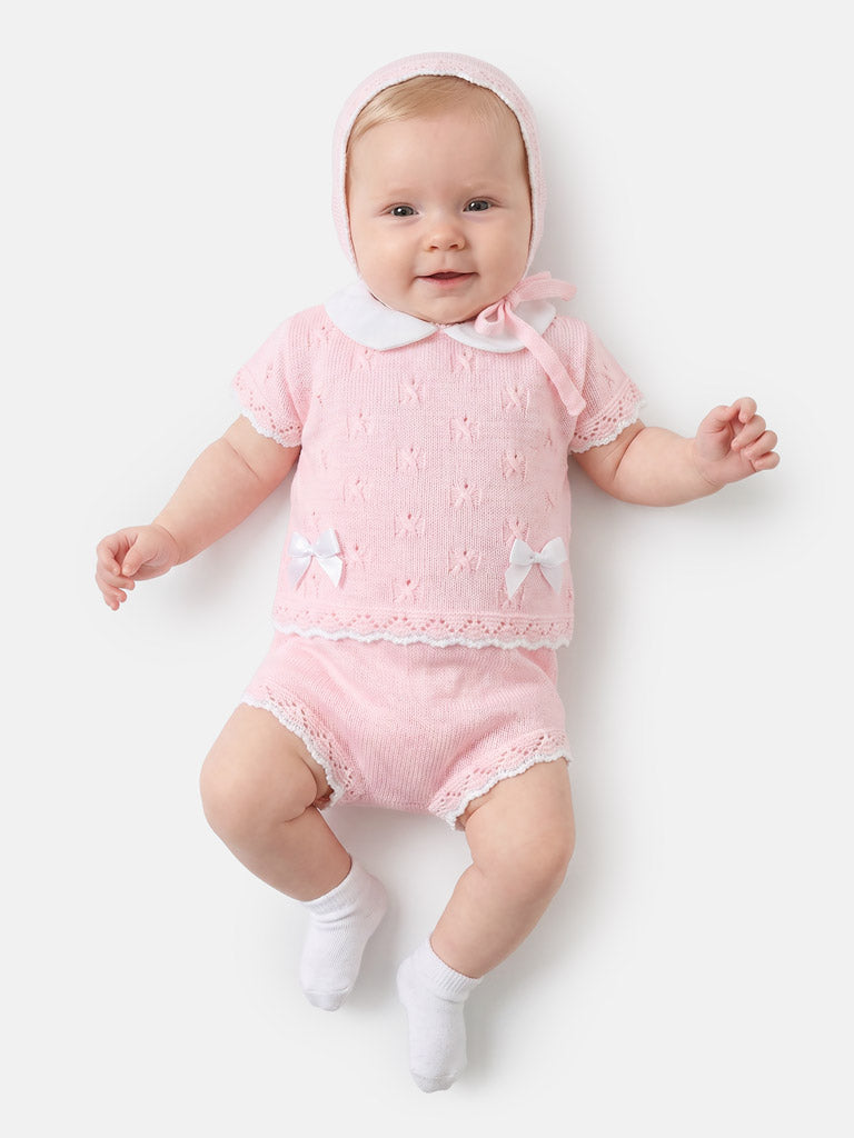 Baby Girl Delicate Eyelet Knit 3-Piece Gift Box Set - Baby Pink