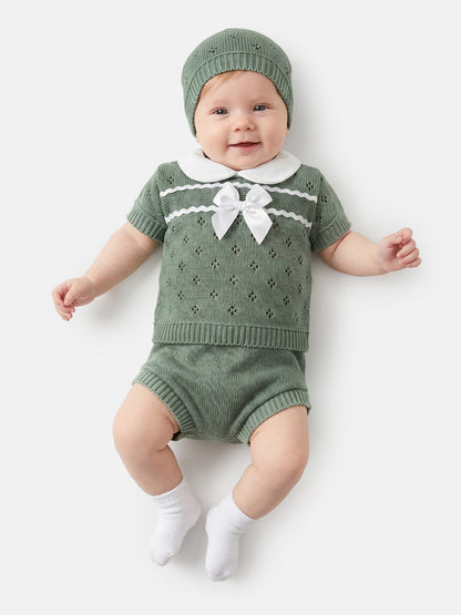 Baby Girl Centre Bow Eyelet Knit 3-Piece Gift Box Set - Sage Green