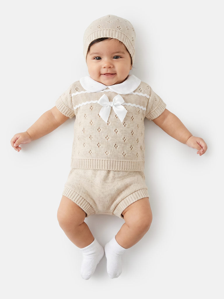 Baby Girl Centre Bow Eyelet Knit 3-Piece Gift Box Set - Beige