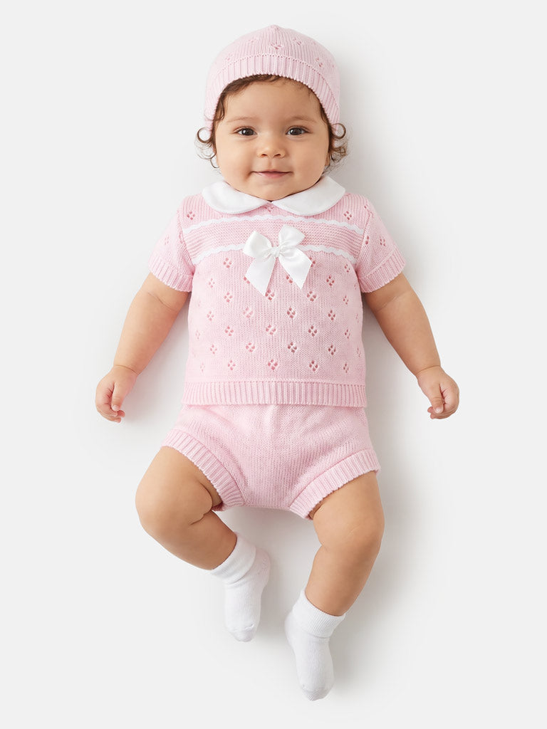 Baby Girl Centre Bow Eyelet Knit 3-Piece Gift Box Set - Baby Pink