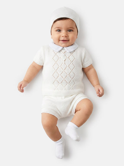 Baby Boy Diamond Eyelet Knit 3-Piece Gift Box Set - White