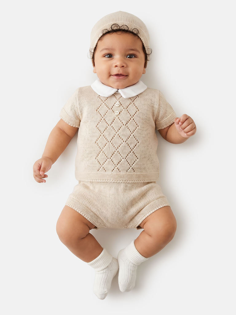 Baby Boy Diamond Eyelet Knit 3-Piece Gift Box Set - Beige