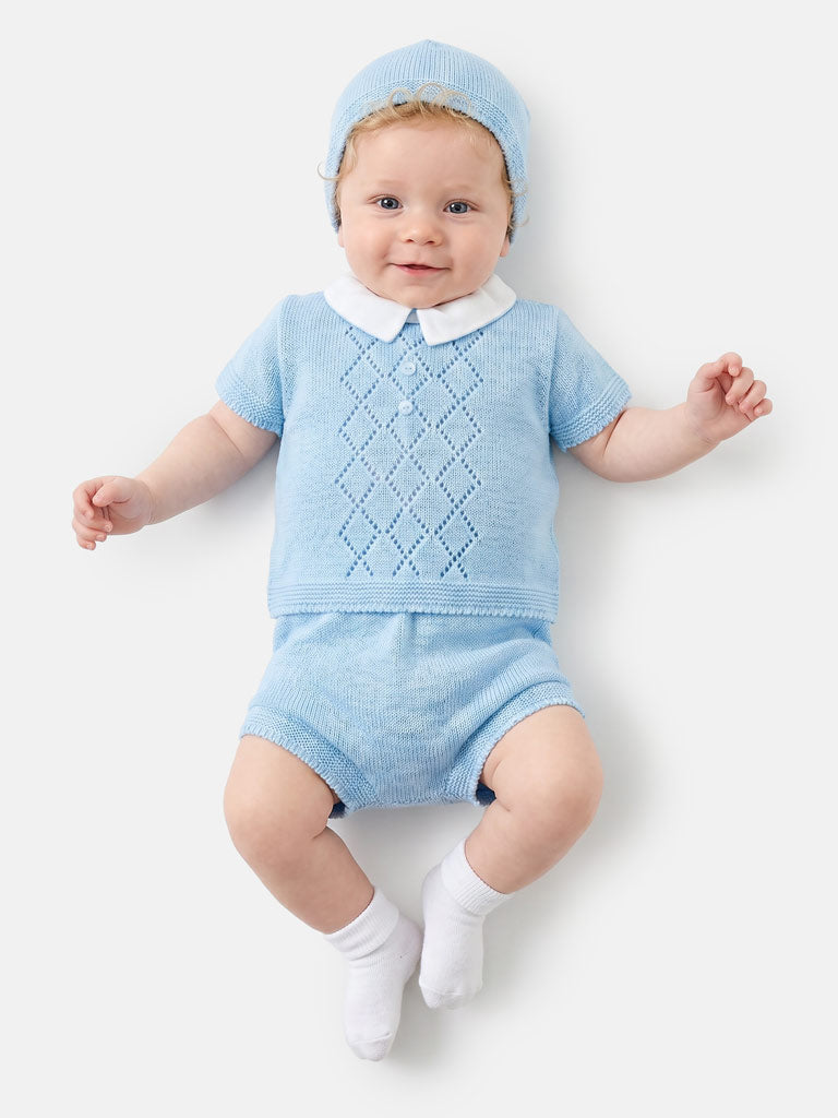 Baby Boy Diamond Eyelet Knit 3-Piece Gift Box Set - Baby Blue