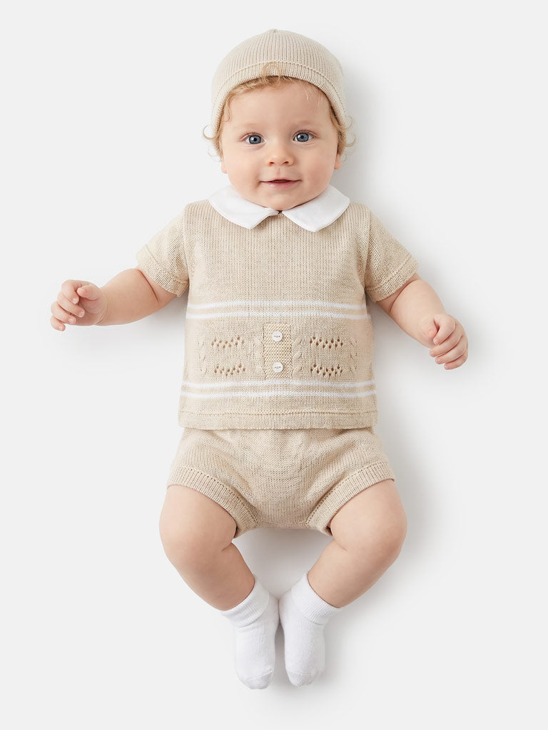 Baby Boy Dual Stripe Knitted 3-Piece Gift Box Set - Beige