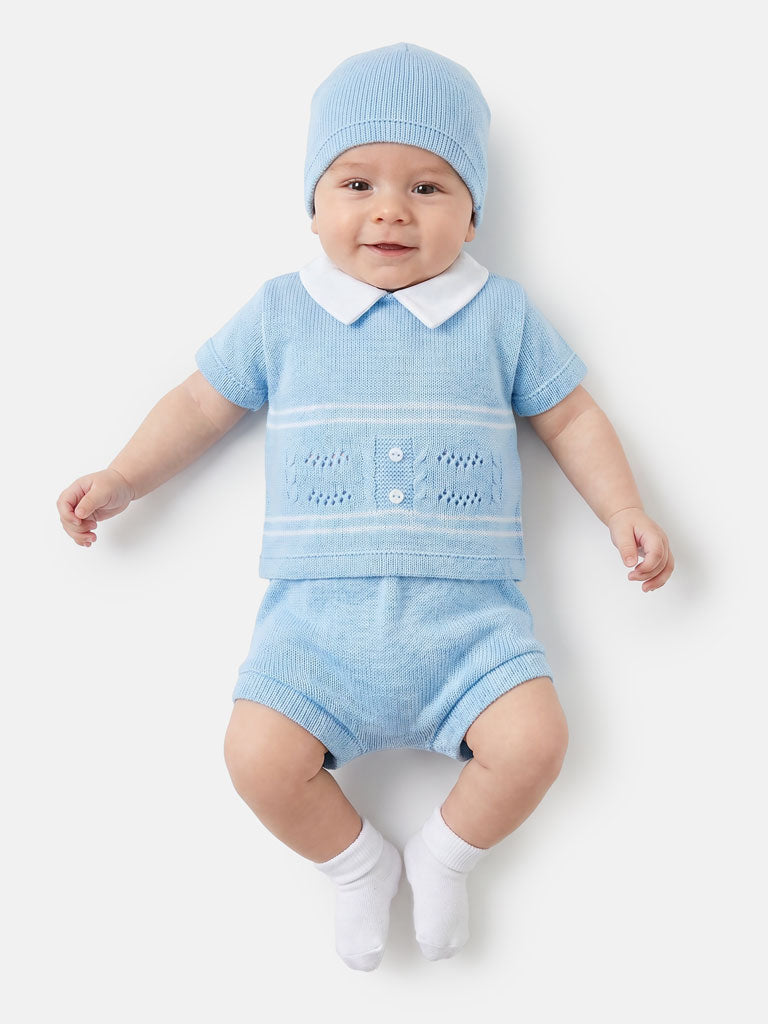 Baby Boy Dual Stripe Knitted 3-Piece Gift Box Set - Baby Blue