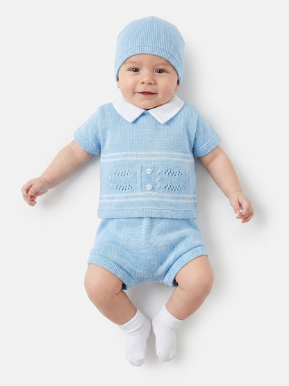Baby Boy Dual Stripe Knitted 3-Piece Gift Box Set - Baby Blue