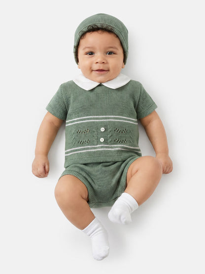 Baby Boy Dual Stripe Knitted 3-Piece Gift Box Set - Sage Green