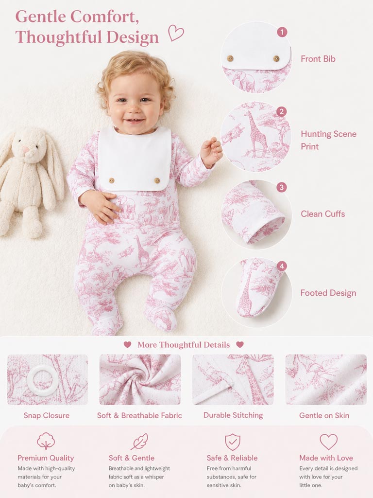 Baby Grow with Attached Small Bib - Safari Collection - Baby Pink