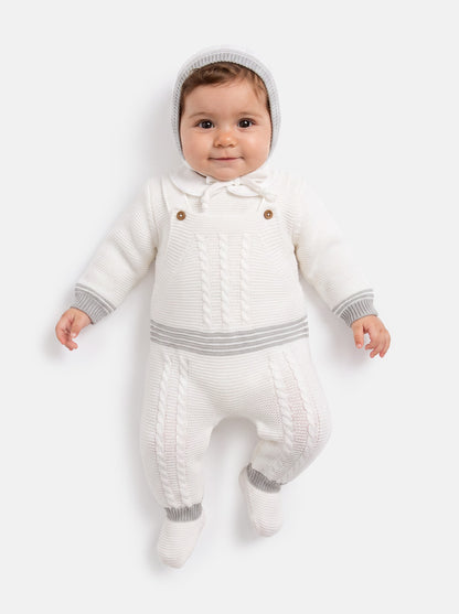 Baby Unisex 3-piece Top, Dungaree & Bonnet Cable Knitted Set - White & Grey