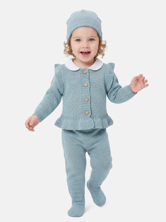 Baby Girl 3-Piece Knitted Set with Ruffled Hem - Mint Green