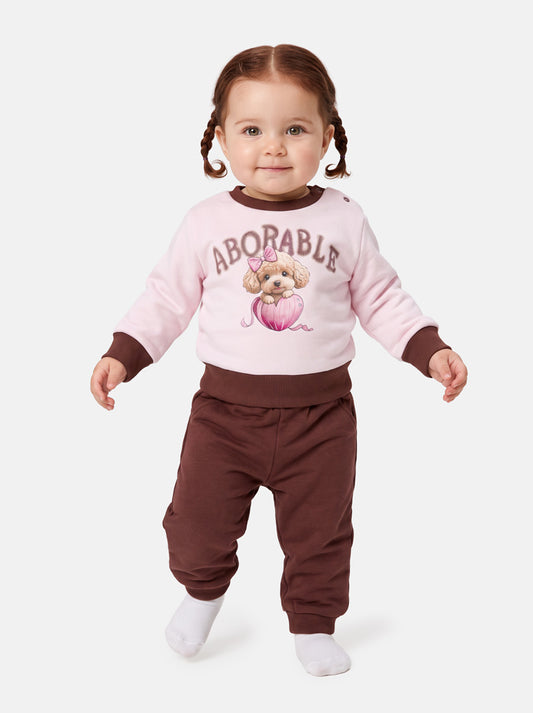 Baby Girl Chiara Collection 2-Piece Tracksuit Set with Adorable Dog Design - Chocolate Brown