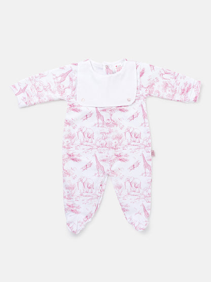 Baby Grow with Attached Bib - Safari Collection - Baby Pink