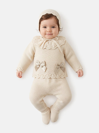 Baby Girl Ruffle Collar 3-piece Knitted Gift Box Set - Beige