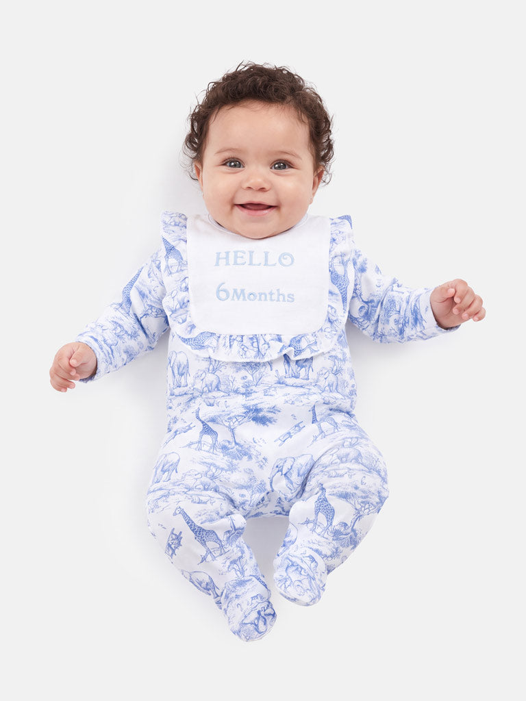 "Hello 1,3,6,12 Months" Embroidered Baby Grow with Frilled Bib - Safari Collection - Baby Blue