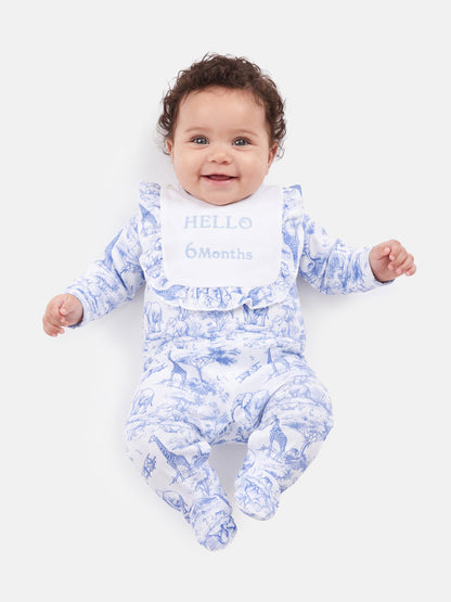 "Hello 1,3,6,12 Months" Embroidered Baby Grow with Frilled Bib - Safari Collection - Baby Blue