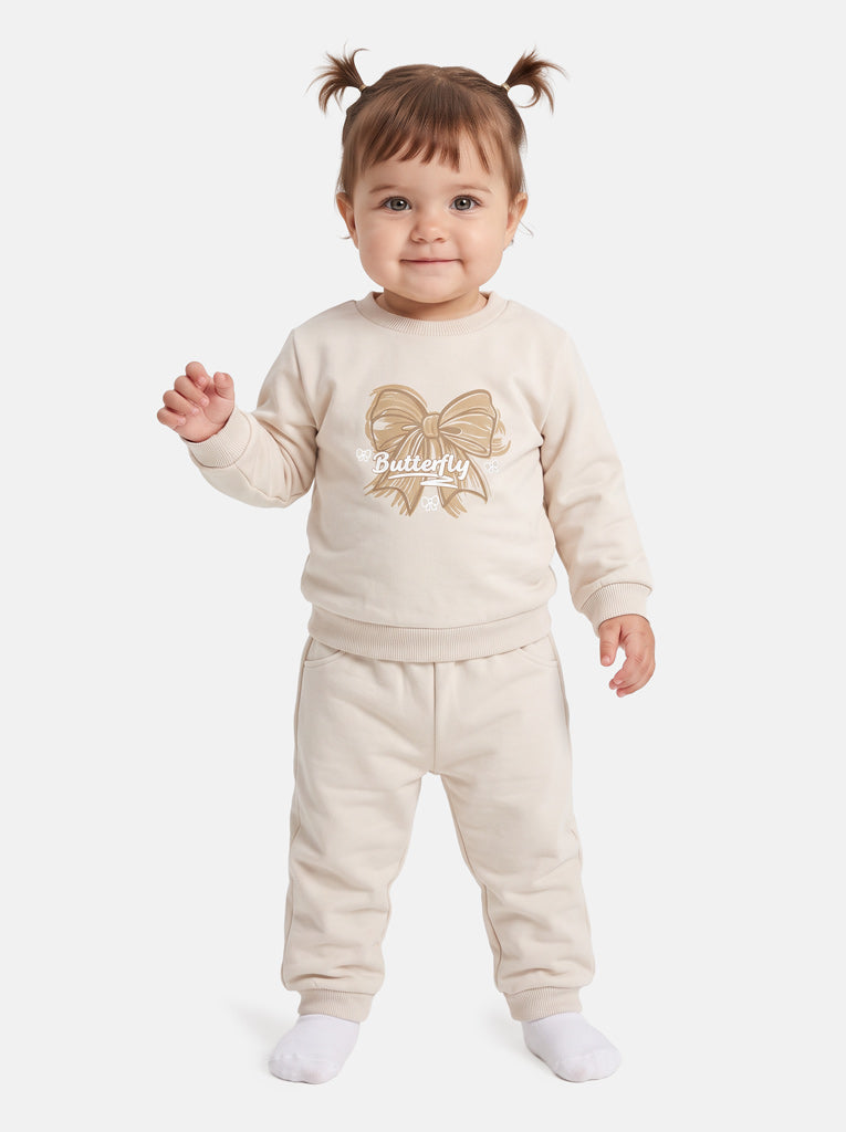 Baby Girl Viola Collection 2-Piece Tracksuit Set with Bow Design - Beige