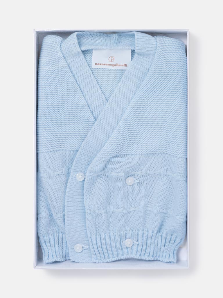 Baby Knitted Cardigan with Raised Stitch Detail & Gift Box - Baby Blue