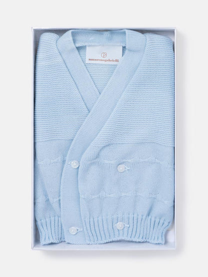 Baby Knitted Cardigan with Raised Stitch Detail & Gift Box - Baby Blue