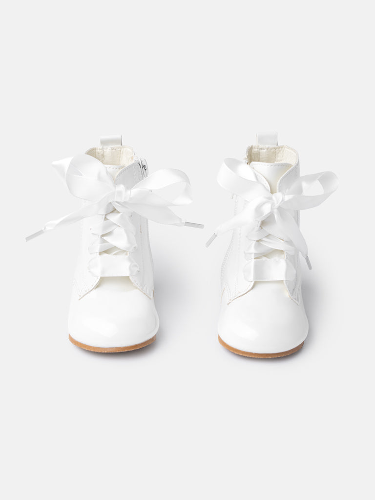 Baby Girl M&B Classic Patent Boots with Satin Laces - Ivory/White