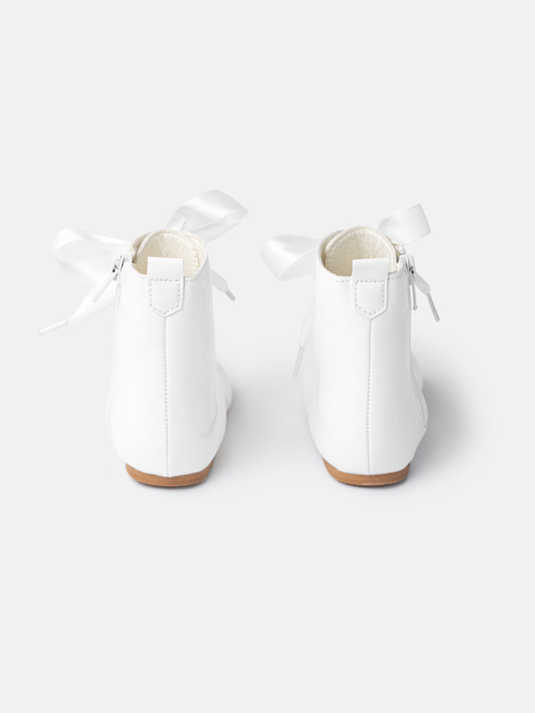 Baby Girl M&B Classic Patent Boots with Satin Laces - Ivory/White