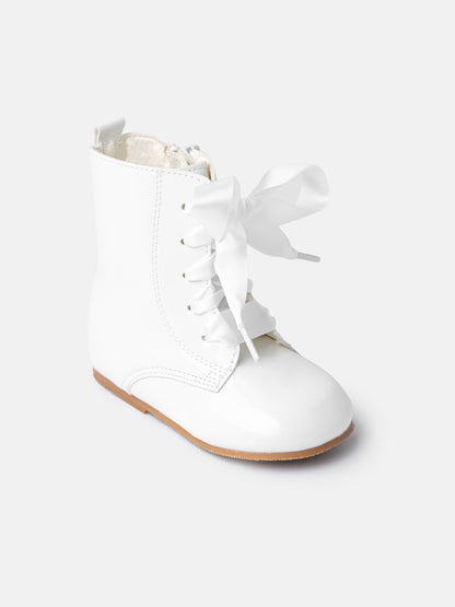 Baby Girl M&B Classic Patent Boots with Satin Laces - Ivory/White