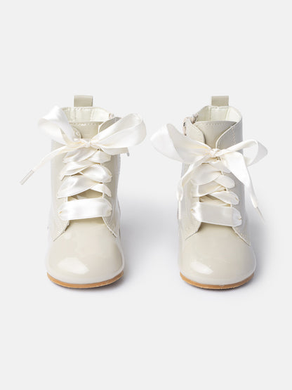 Baby Girl M&B Classic Patent Boots with Satin Laces - Biscuit