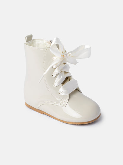 Baby Girl M&B Classic Patent Boots with Satin Laces - Biscuit
