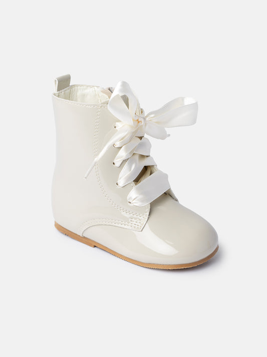 Baby Girl M&B Classic Patent Boots with Satin Laces - Biscuit
