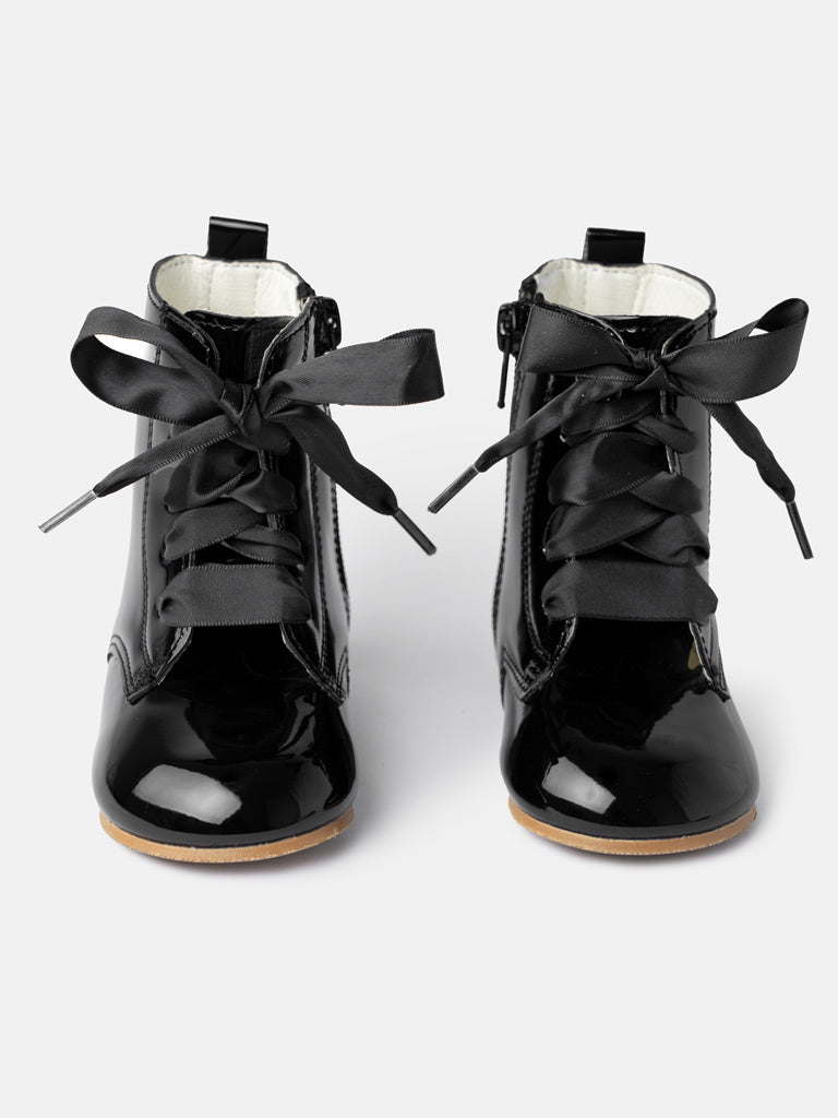 Baby Girl M&B Classic Patent Boots with Satin Laces - Black