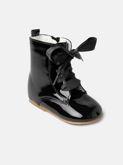 Baby Girl M&B Classic Patent Boots with Satin Laces - Black