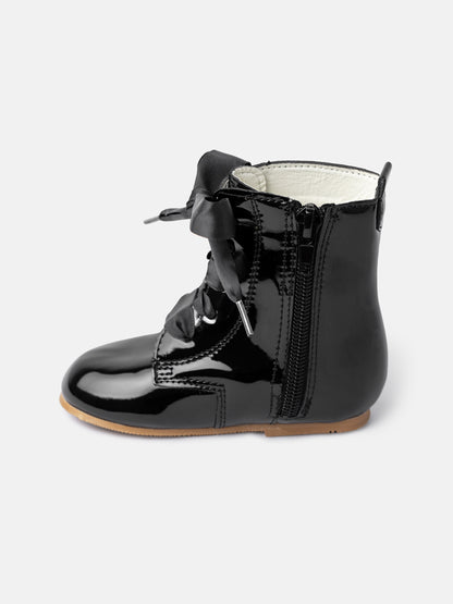 Baby Girl M&B Classic Patent Boots with Satin Laces - Black