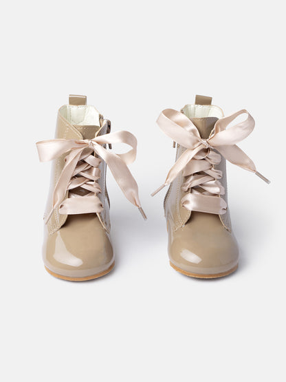 Baby Girl M&B Classic Patent Boots with Satin Laces - Camel