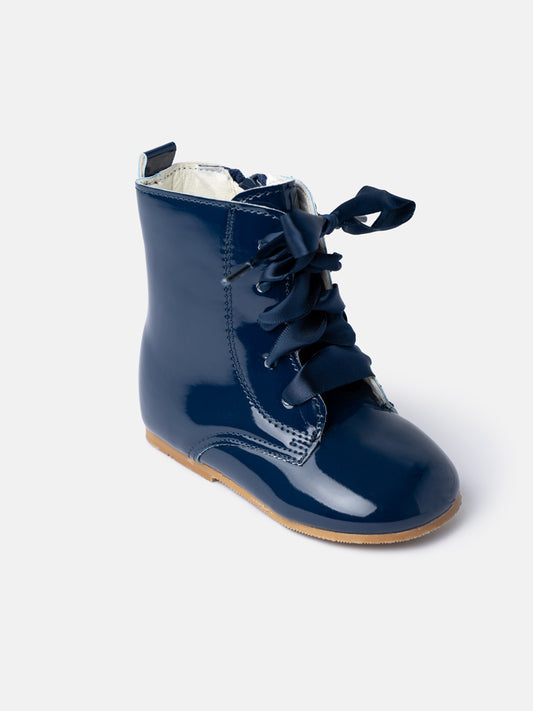 Baby Girl M&B Classic Patent Boots with Satin Laces - Navy Blue