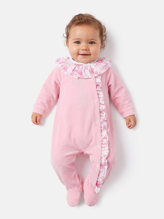 Velour Baby Grow for Girls with Printed Ruffle Details - Safari Collection - Rose Pink