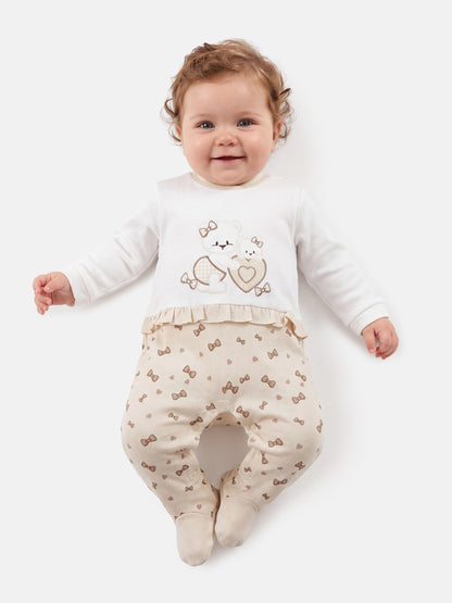 Baby Grow for Girls with Teddies & Hearts Gianna Collection - Beige