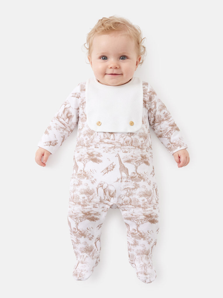 Velour Baby Grow with Attached Small Bib & Buttons - Safari Collection - Beige