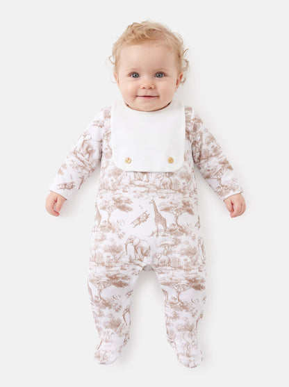 Velour Baby Grow with Attached Small Bib & Buttons - Safari Collection - Beige