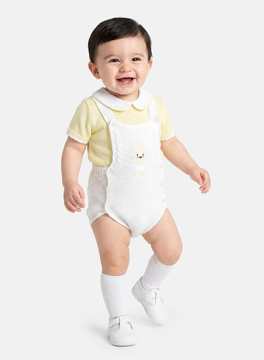 Baby 2-piece Knitted Romper Set With Bunny -  White & Lemon Yellow