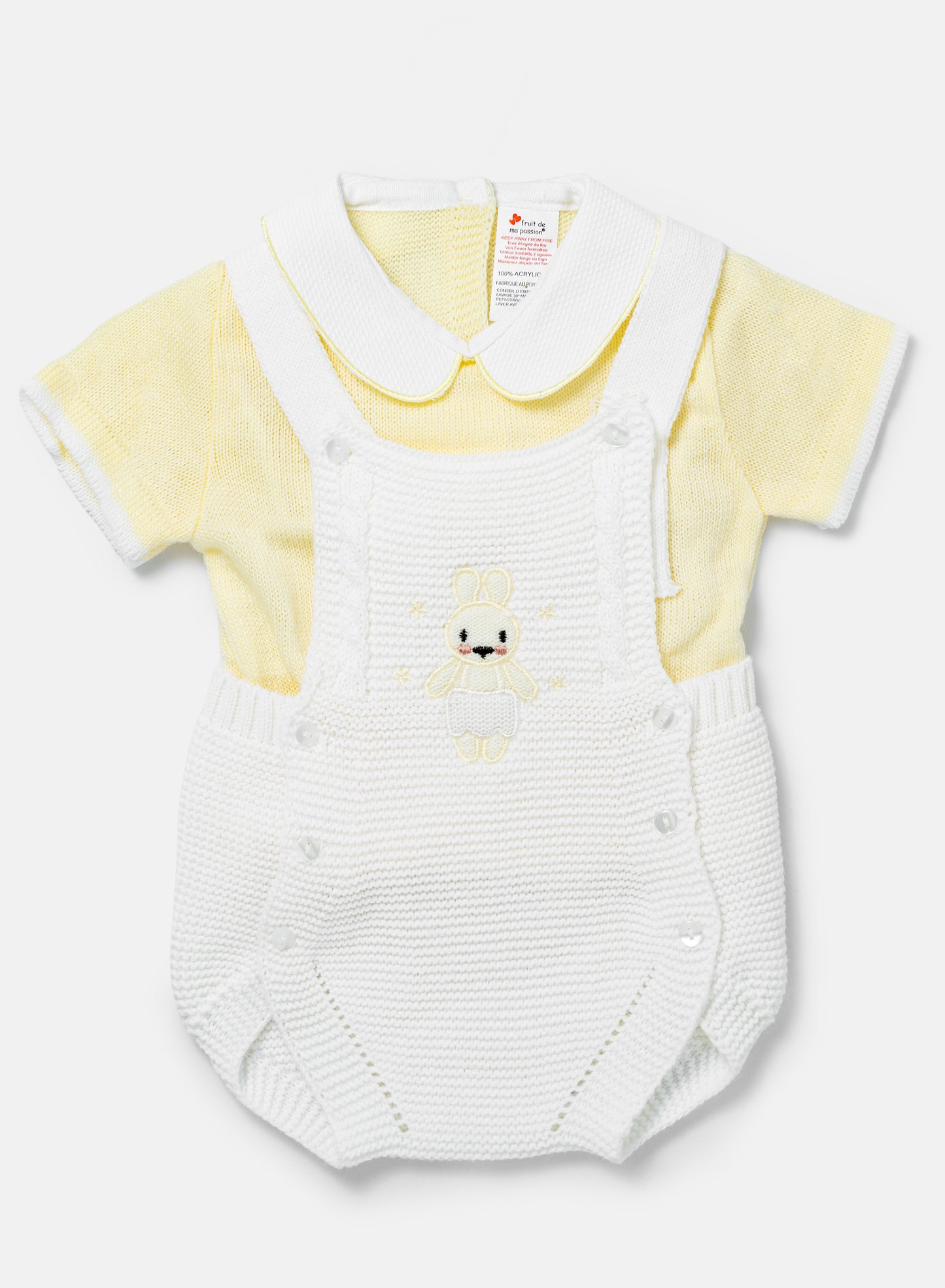 Baby 2-piece Knitted Romper Set With Bunny -  White & Lemon Yellow