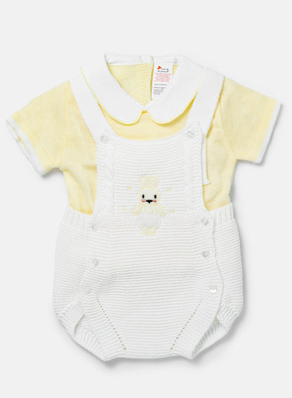 Baby 2-piece Knitted Romper Set With Bunny -  White & Lemon Yellow
