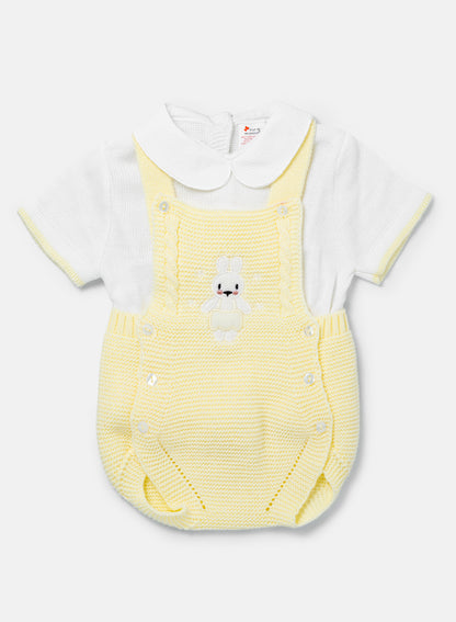 Baby 2-piece Knitted Romper Set With Bunny - Lemon Yellow & White