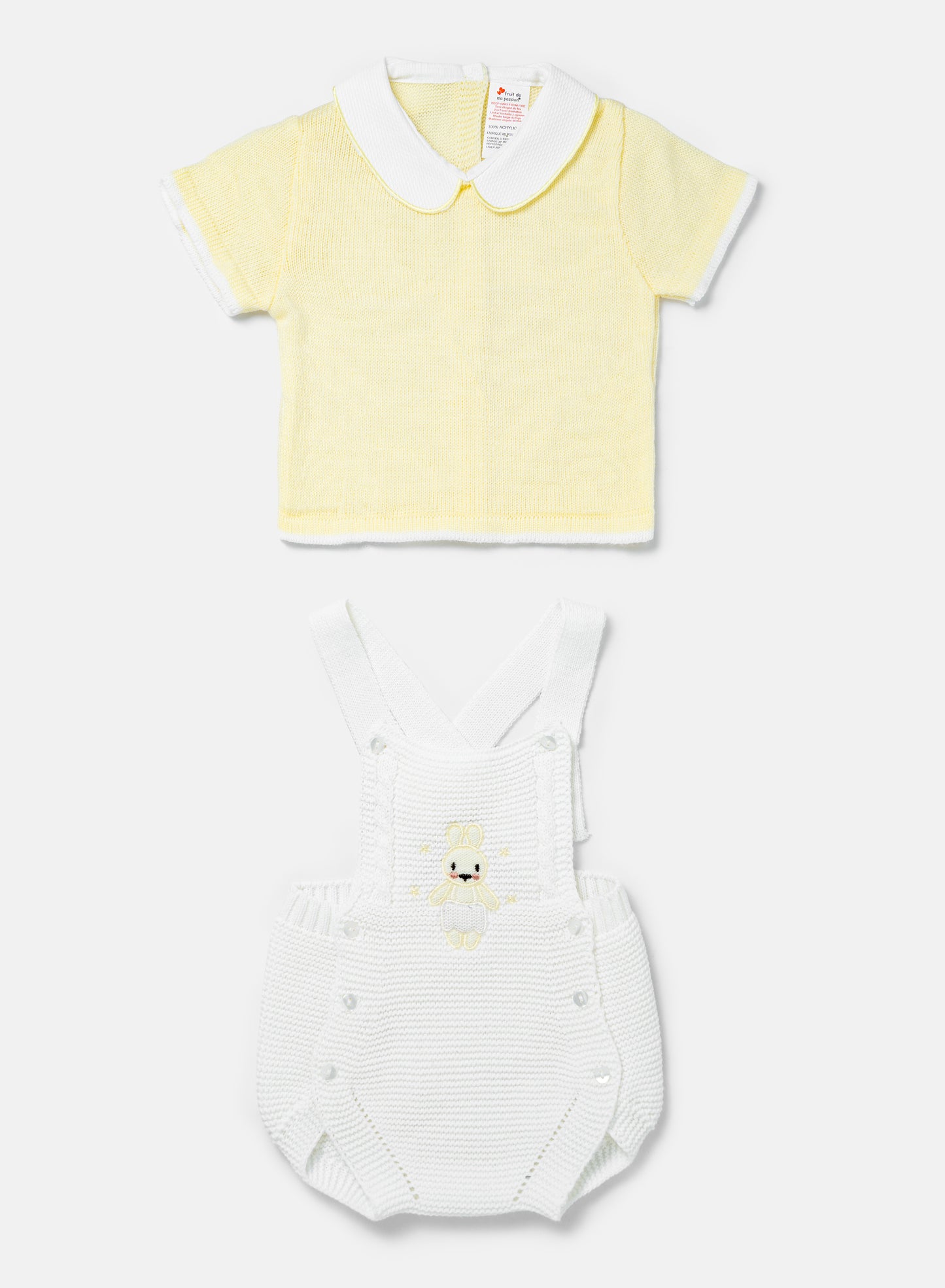 Baby 2-piece Knitted Romper Set With Bunny -  White & Lemon Yellow